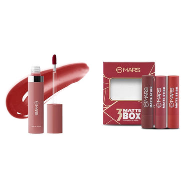 MARS Drip Lip Mist for Women (4.5 ml) (05-Cranberry Drip) Matte Box Set of 3 Lipsticks for Women (3x3.2 gm) (01-Red & Maroon)